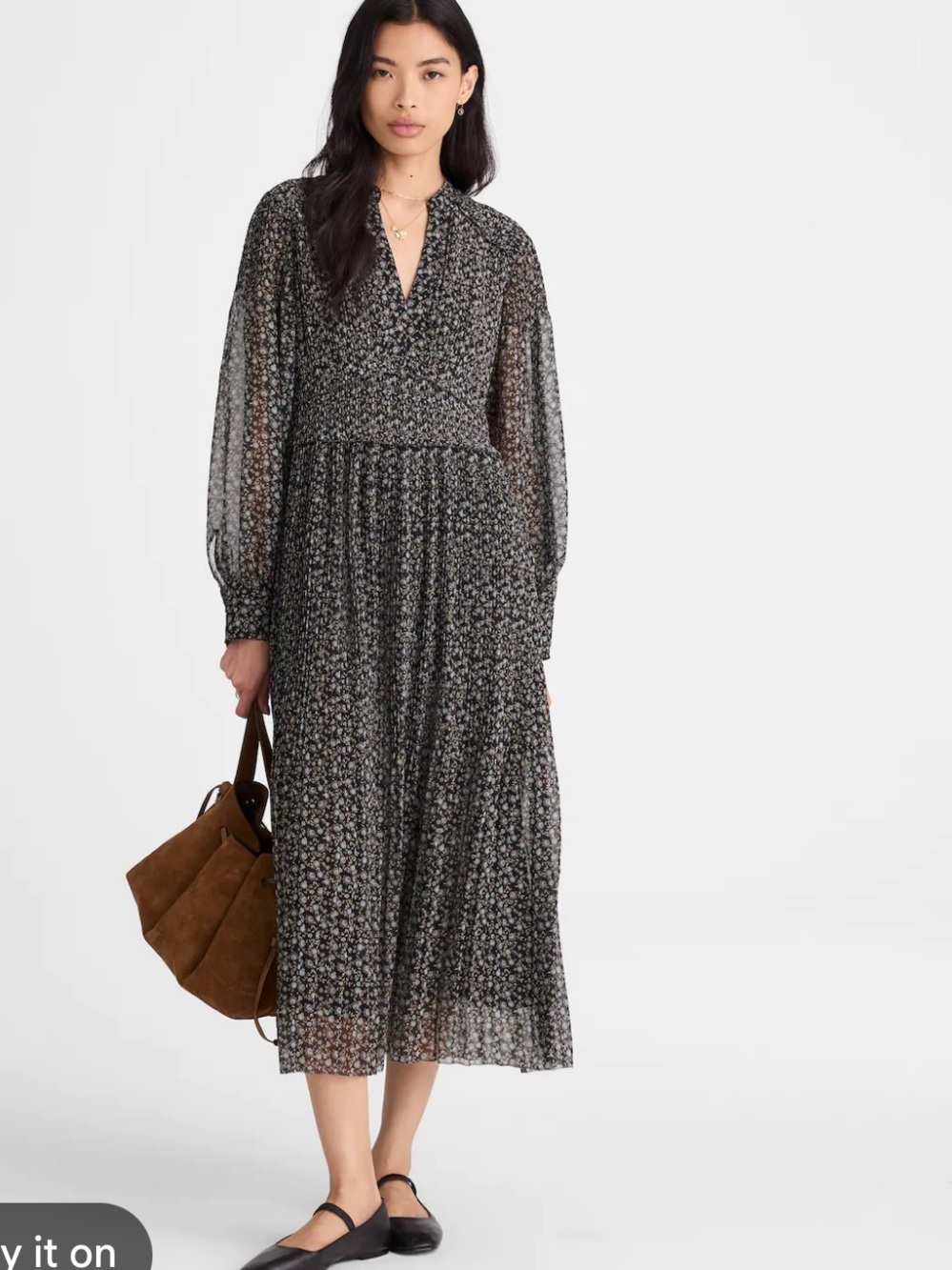 Medewell Pleaded Long Sleeve Black Floral Midi-Length Maxi Dress Size 8